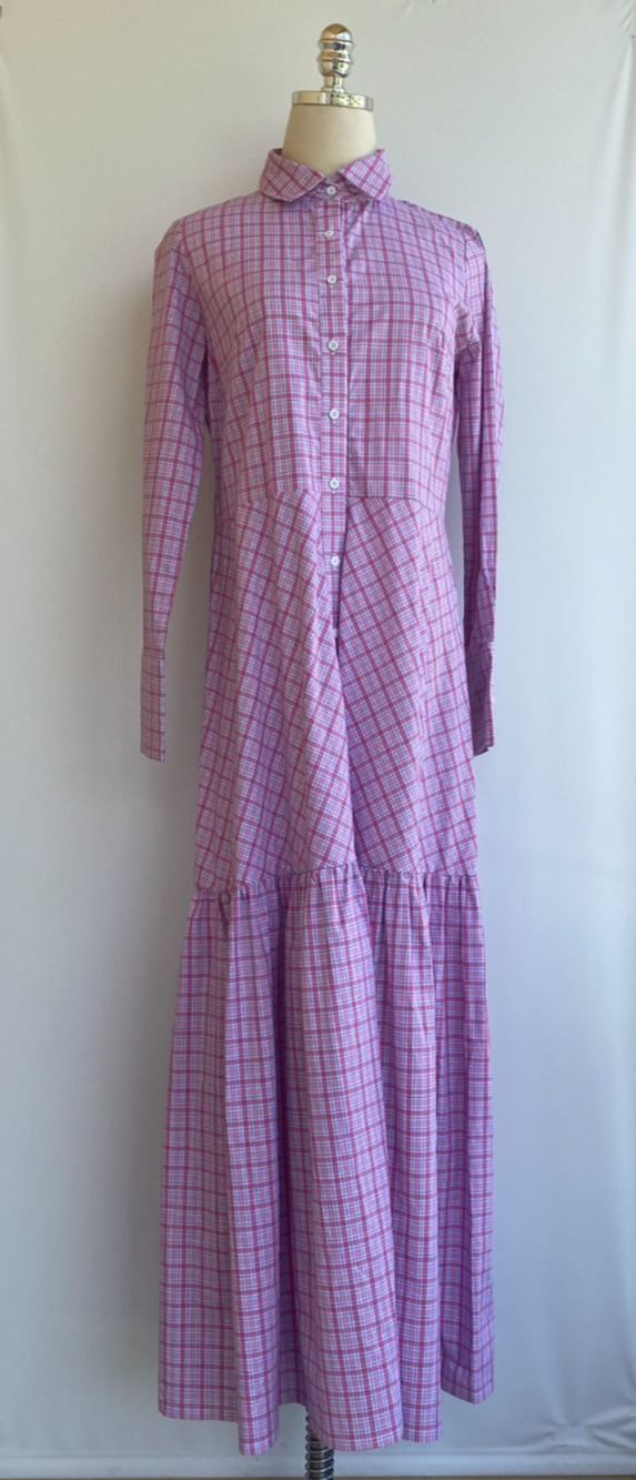 NWT Bognar Blu Dress Pink Checkered Tiered Maxi Peasant Shirt Dress sz S $298